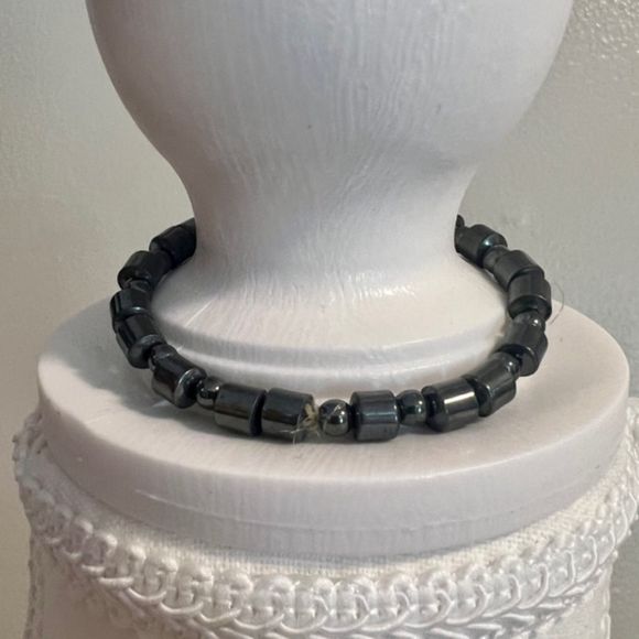 Gun Metal Tone Bead Necklace & Elastic Bracelet Set Lobster Claw Clasp 15 inch - Picture 5 of 7